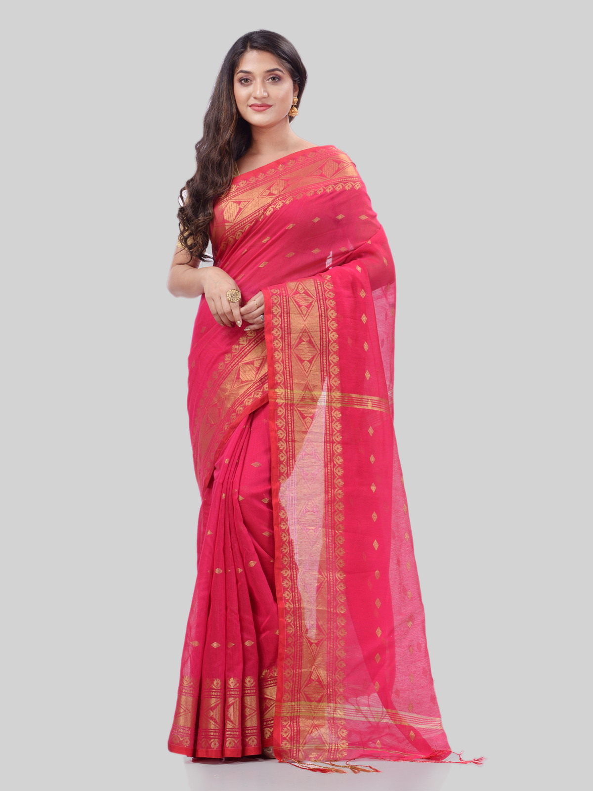 DESH BIDESH Women`s Bengal Cotton Silk Pure Handloom Cotton Saree Kohinoor Work With Blouse Piece(Pink)